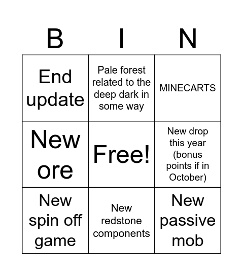 Minecraft bingo Card