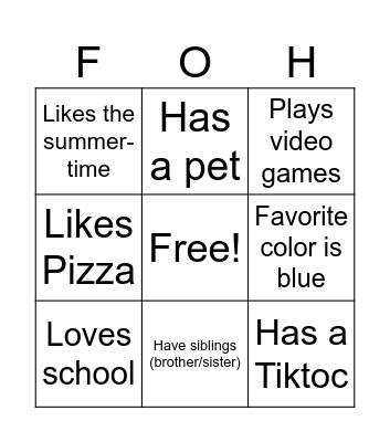 FOH Tutoring BINGO Card