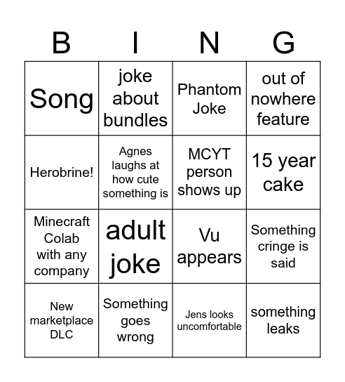 Minecraft Live 2024 Bingo Card