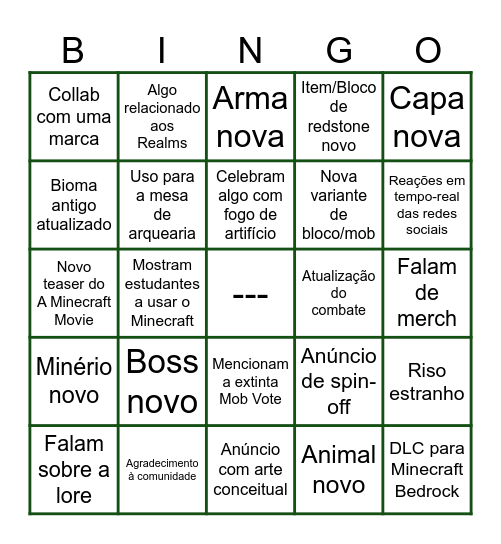 Minecraft Live Bingo Card