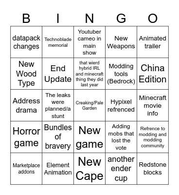 Minecraft Live Fall 2024 Bingo Card