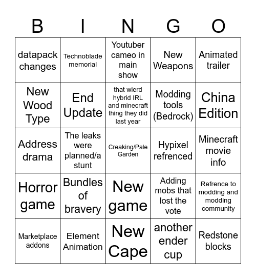 Minecraft Live Fall 2024 Bingo Card