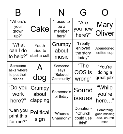 Sunday Morning Bingo Card