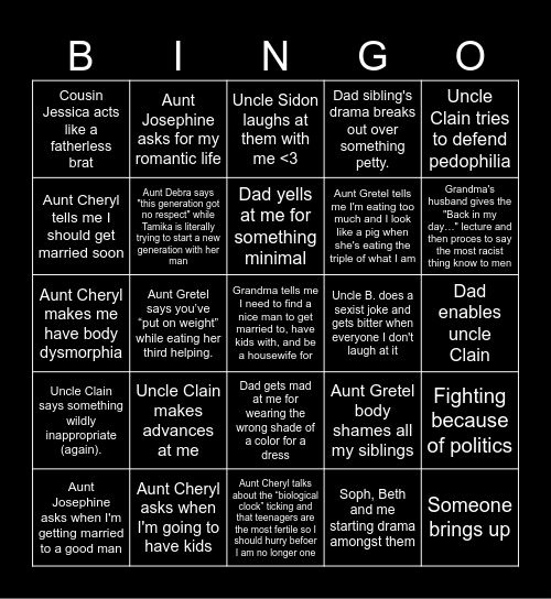 family bingo Card