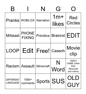 YOUTUBE SHORTS Bingo Card