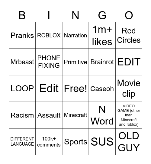 YOUTUBE SHORTS Bingo Card