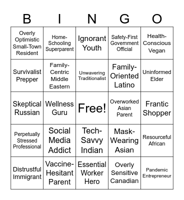 Stereotype Bingo Card