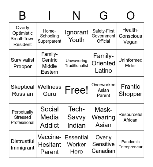 Stereotype Bingo Card