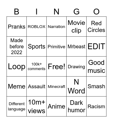 YOUTUBE SHORTS Bingo Card