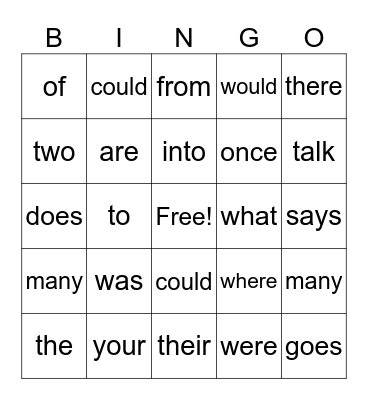 Heart Words Bingo Card