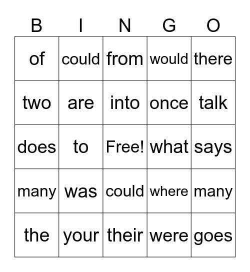 Heart Words Bingo Card