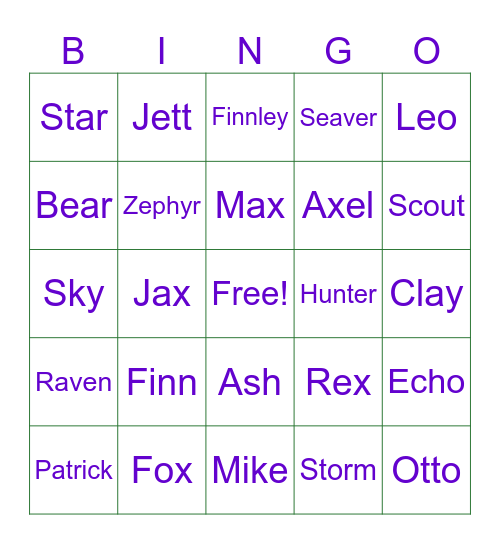 Baby Name Guessing Game Bingo Card