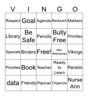 Village Meadows - 6th Grade STARS Bingo Card