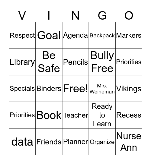 Village Meadows - 6th Grade STARS Bingo Card