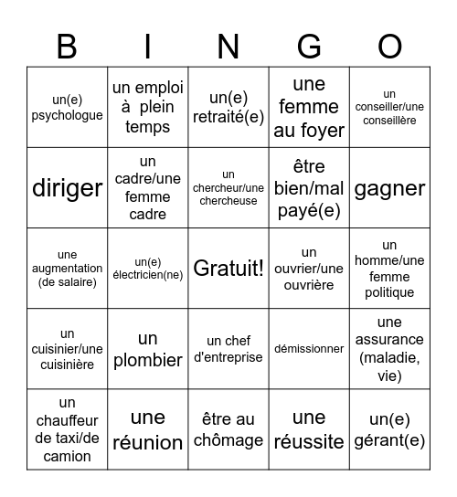 5B Vocab - Les Professions Bingo Card