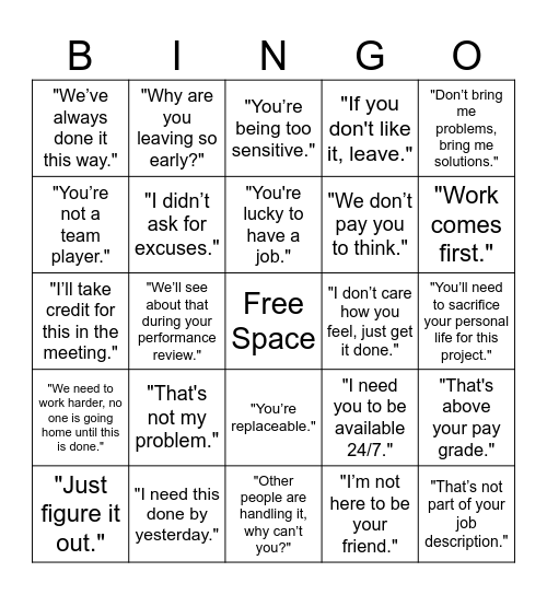 Toxic Manager Bingo Card