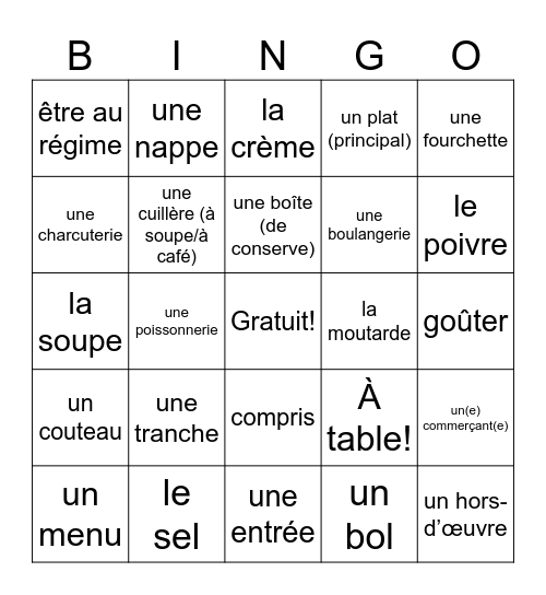 1B Vocab - À table! Bingo Card