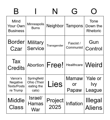 Walz Vance Debate - Key Words Bingo Card