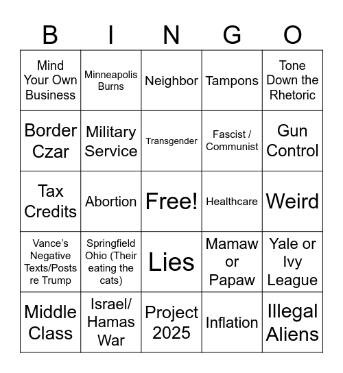 Walz Vance Debate - Key Words Bingo Card
