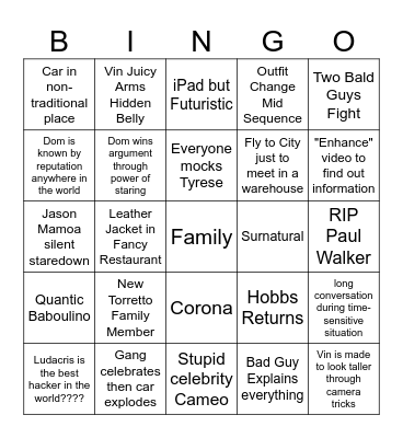 Fast X Bingo Card