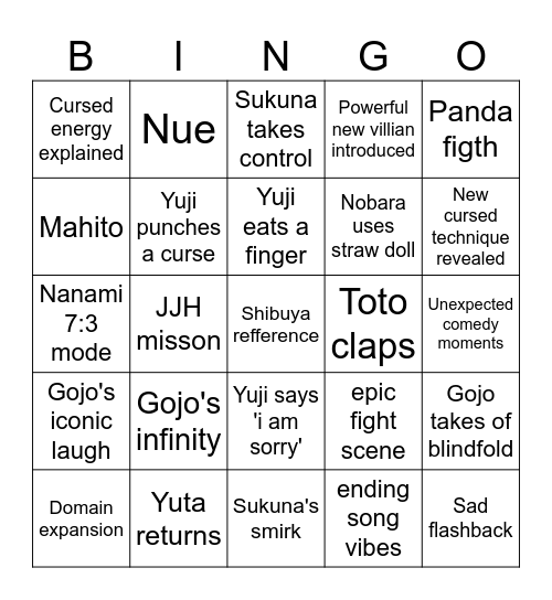 JJK Bingo Card