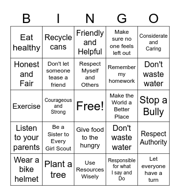 Girl Scout Law Bingo Card