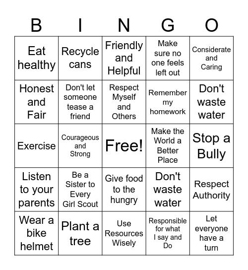 Girl Scout Law Bingo Card