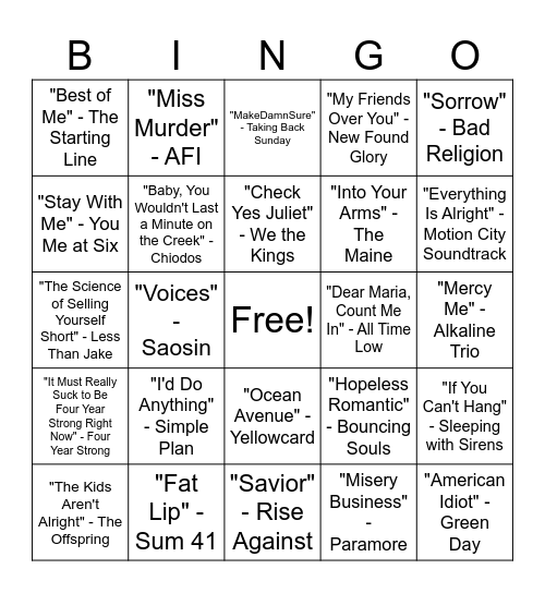 Alt Rock Music Bingo Round #1 Bingo Card