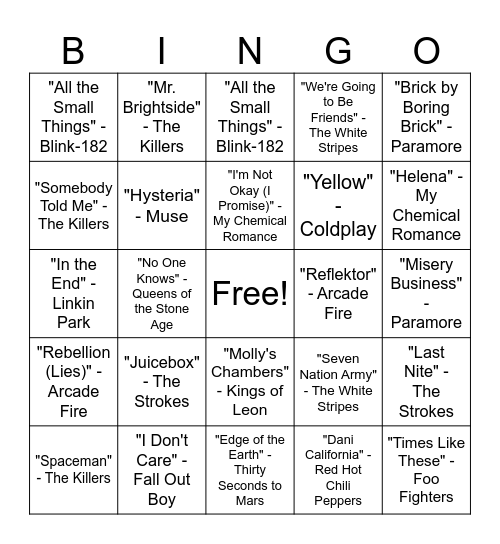 Alt Rock Music Bingo Round #3 Bingo Card