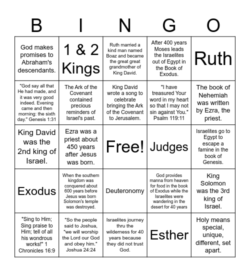 Old Testament Books of the Law  and History Review Bingo Card