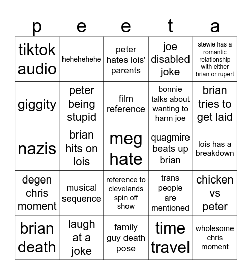 Family Guy Bingo Card