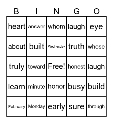 Heart Word Bingo #3 Bingo Card