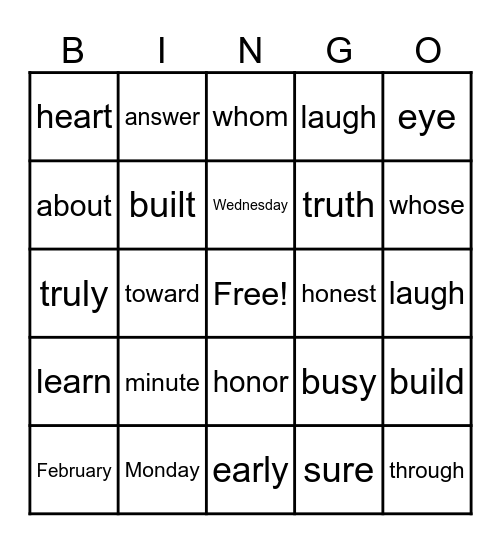 Heart Word Bingo #3 Bingo Card