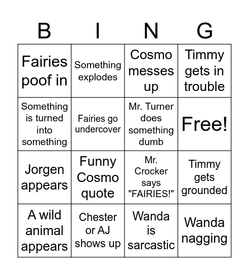 The fairy oddparents bingo Card