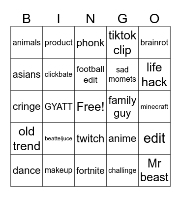 YT short bingo Card