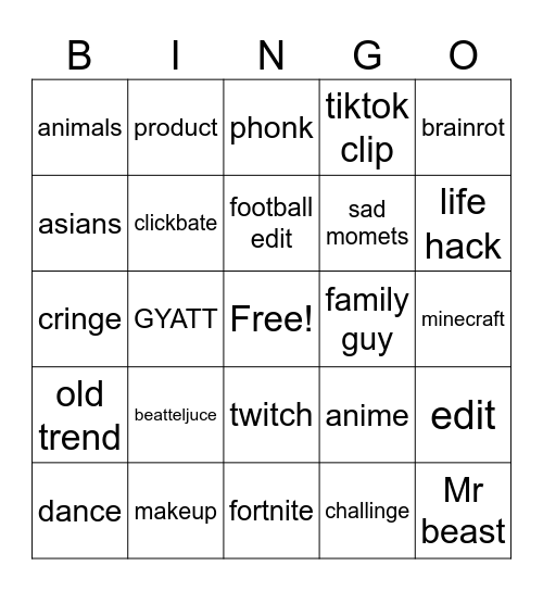 YT short bingo Card