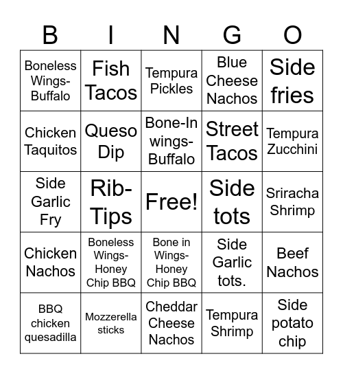 Appetizer Bingo Card