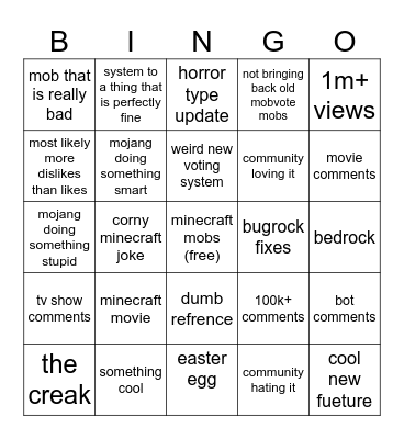 minecraft live Bingo Card