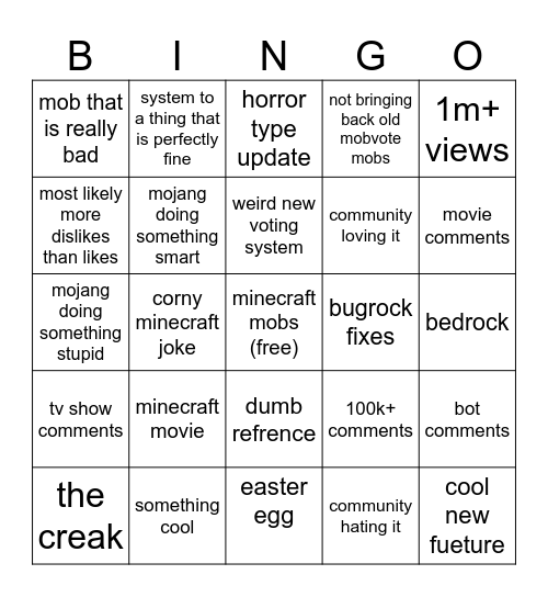 minecraft live Bingo Card