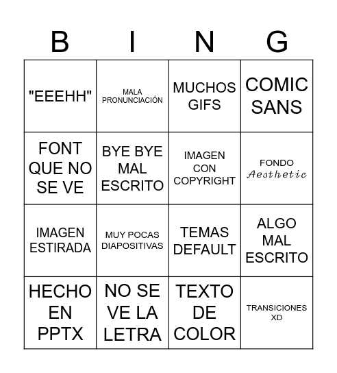 My presentation bingo Card