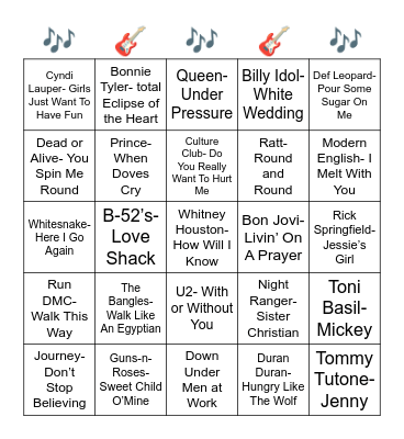 80's Music Bingo Card