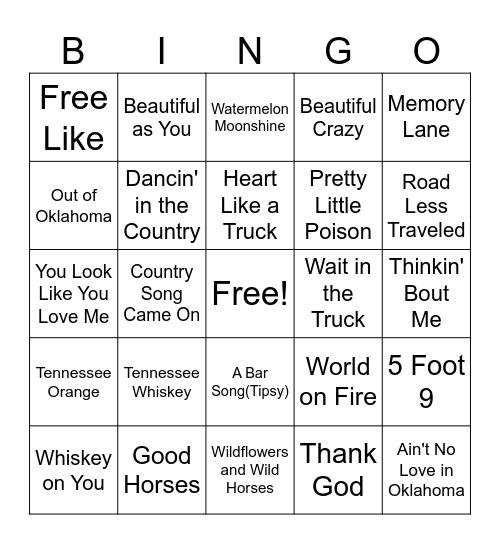 Country Music Bingo Card