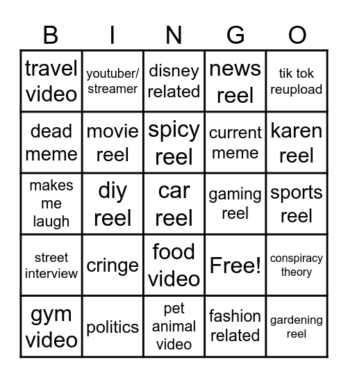 Instagram reel bingo Card