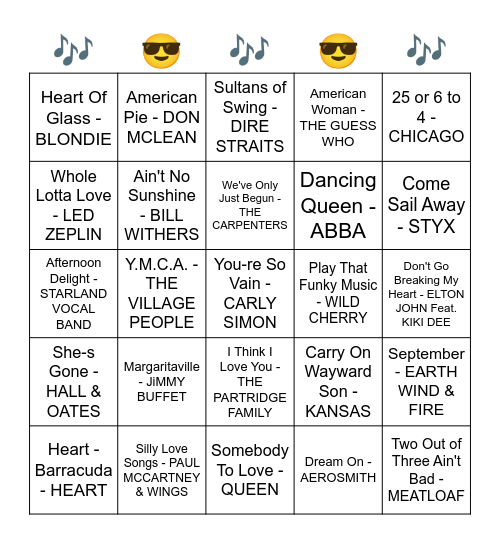 70's ROCK & ROLL Bingo Card