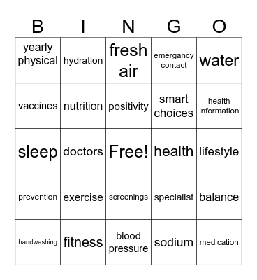 Health Bingo! Bingo Card