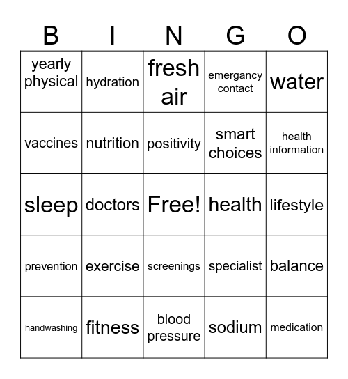 Health Bingo! Bingo Card