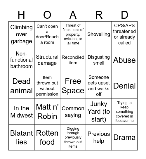 Hoarders Bingo Card