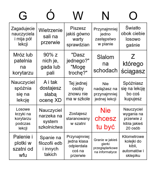 Przeciętny dzień w polskiej szkole Bingo Card