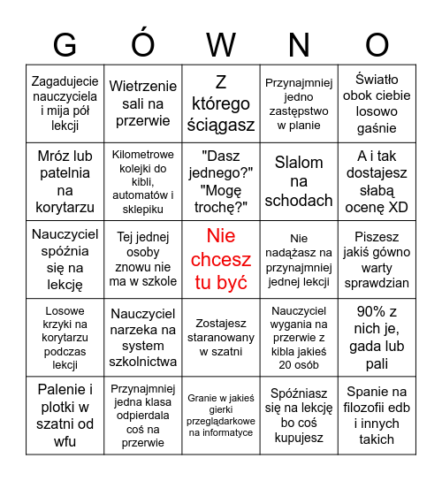 Przeciętny dzień w polskiej szkole Bingo Card