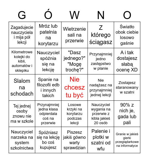 Przeciętny dzień w polskiej szkole Bingo Card